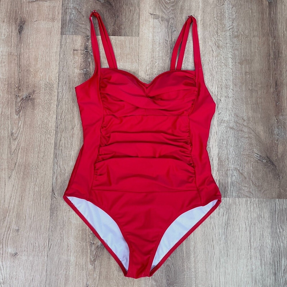 Ekouaer Womens One Piece Swimsuit Large L Red Pin-Up Ruched Bust High-Cut Leg